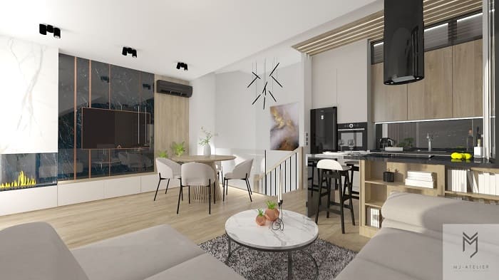 Mieszkanie z antresolą MJ Atelier projekt kuchni i salonu